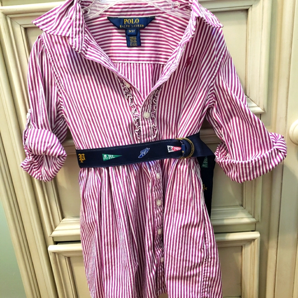 Toddler Ralph Lauren Purple and White Vertical Striped Belted Dress, 3T
